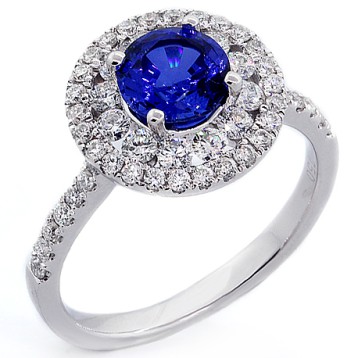 1.25 Round Cut Blue Gemstone Double Diamond Halo Engagement Ring Set in 18K White Gold